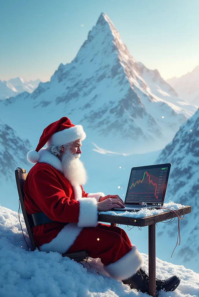 santa claus trading forex atop a snowy mountain