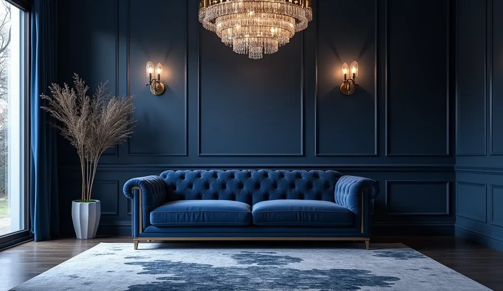 "a luxurious living room with a navy blue color palette, featuring a tufted sofa, an abstract rug, and a large chandelier adding...