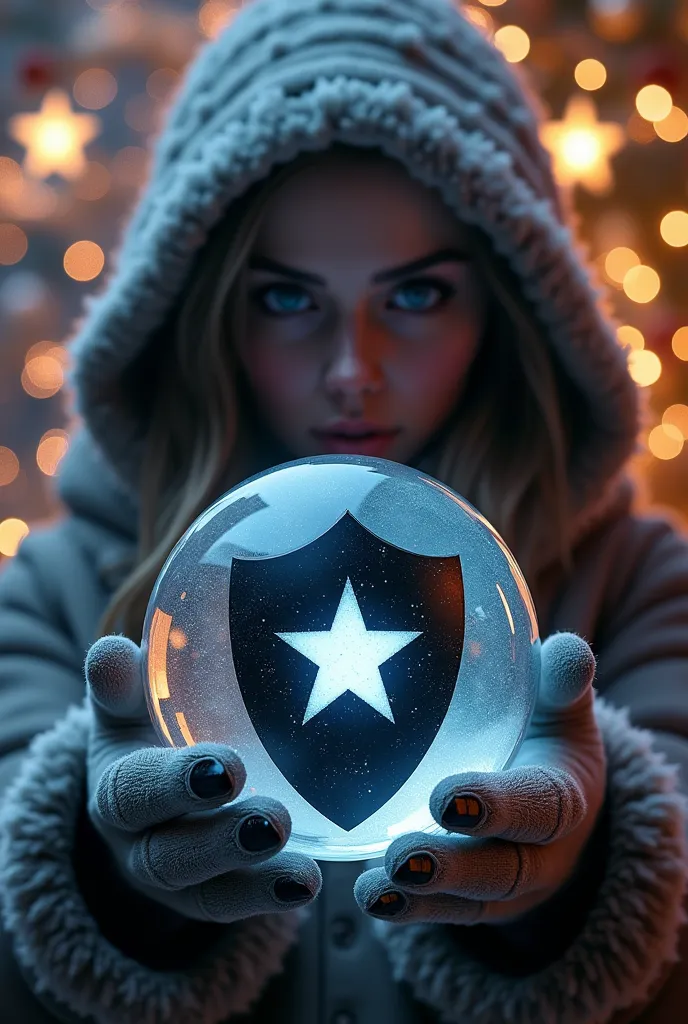 close-up crystal ball , reindeer christmas trees  , new year&#39;garlands,   very pretty a looks at her hands and looks at the c...