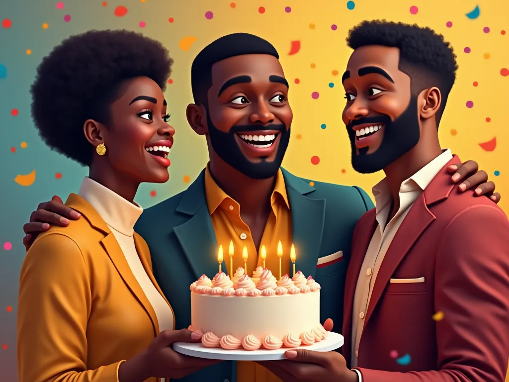 two black men and a black woman , with a cake in his hand, smiling, , with confetti