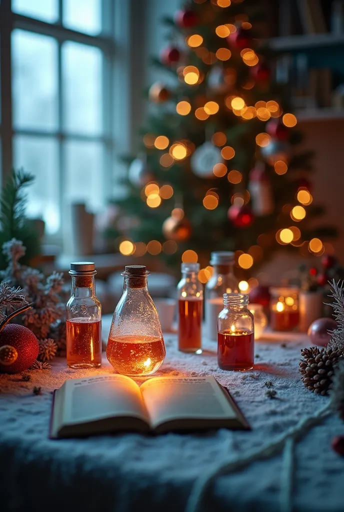 i want something more realistic: a christmas image that has elements of studies and things from laboratories without people, tha...