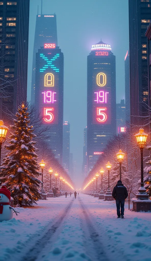 a scene of morning dawn in the city, cityscape, two big LED screens are displaying 2025, christmas lights, christmas trees, wint...