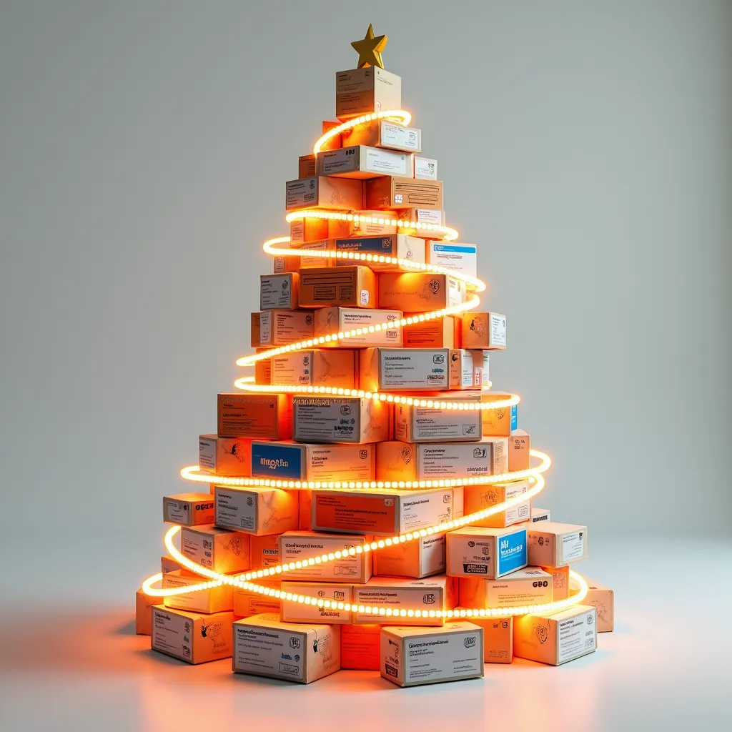 a christmas tree made up of medicine boxes surrounded by orange led strips