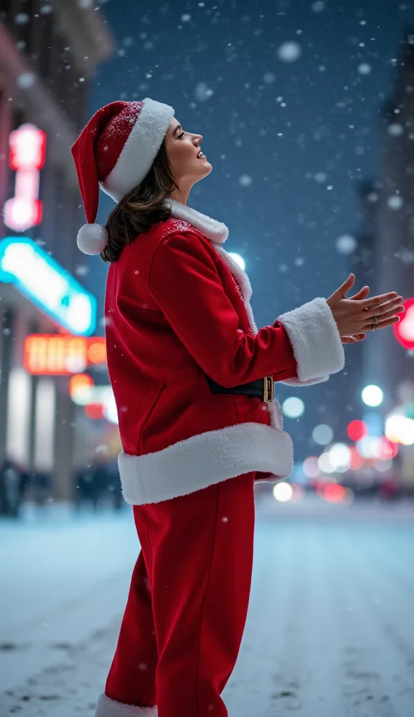 look up at the sky, standing pose, full body ,open hands,  (brown middle hair, brown eye ,smile),  santa claus costume,  santa h...