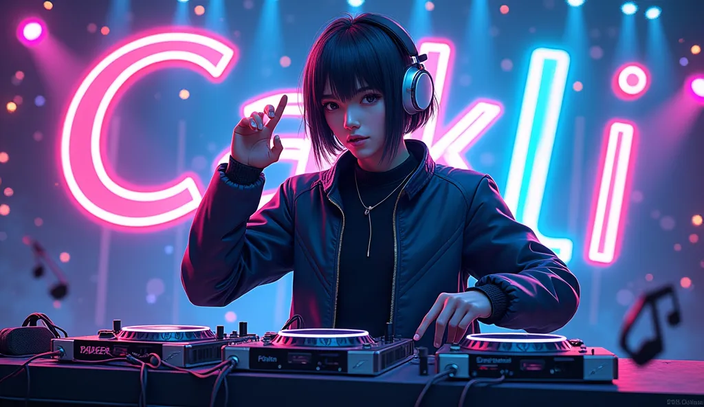 the image is a digital illustration of a male dj playing music on a turntable. she wears a black and blue outfit with a futurist...