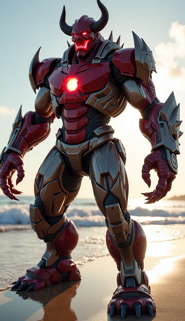 a hybrid creature combining the high-tech precision of ironman’s armor and the terrifying power of a red demon stands menacingly...