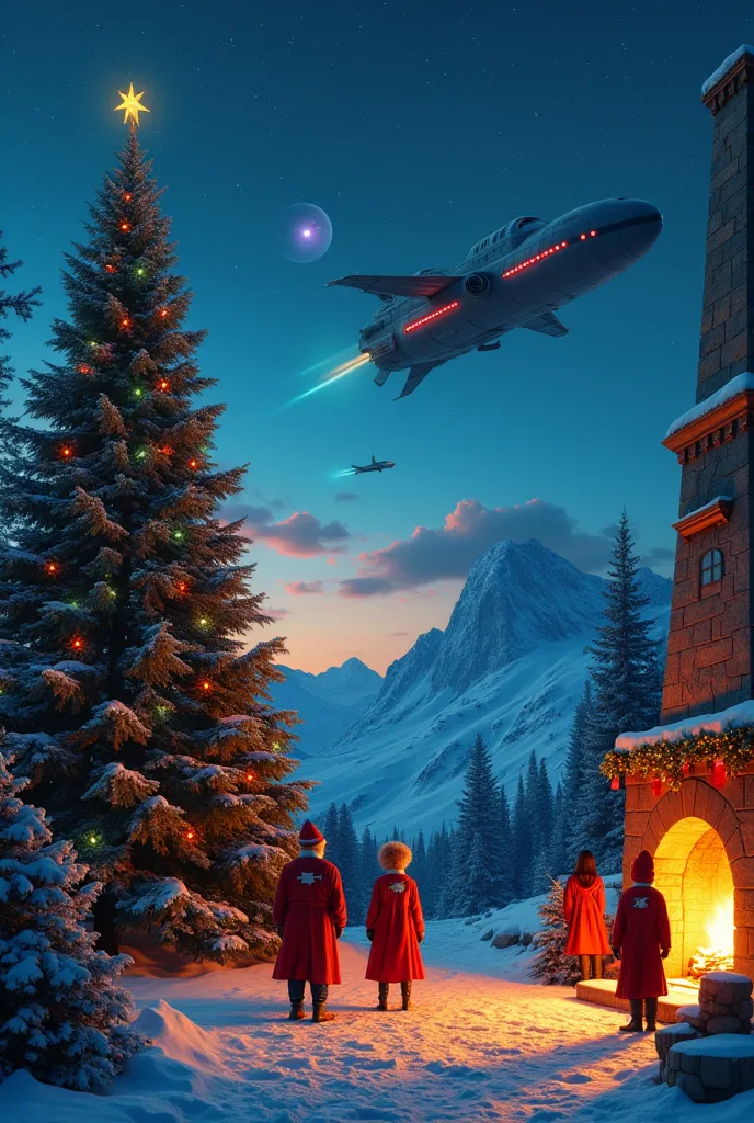 christmas scene on another planet, alien sky, spaceship, holiday, tree, fireplace, evening, people in carnival costumes