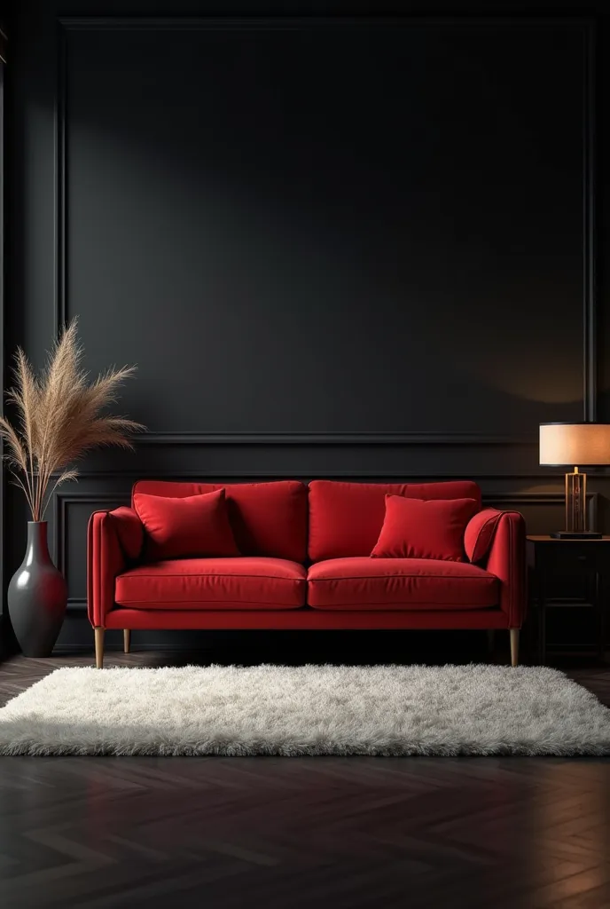 highly realistic photo,  cozy living room ,  dim light ,  dark grey furniture ,  stylish red sofa ,  centered white carpet ,  ph...