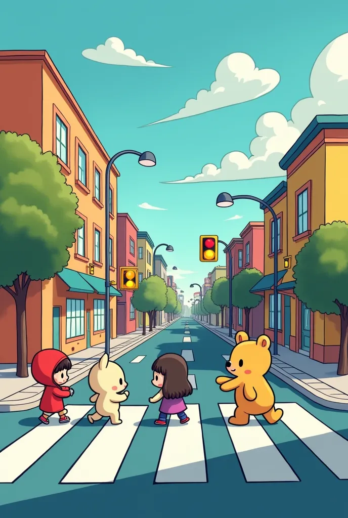 i want to create an intersection cartoon image ,  featuring chibi characters without nose eyes crossing the road