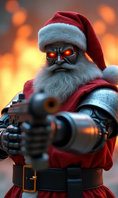 a semi-realistic robot santa stands menacingly with metallic skin, pointing a machine gun directly at the viewer. his glowing re...