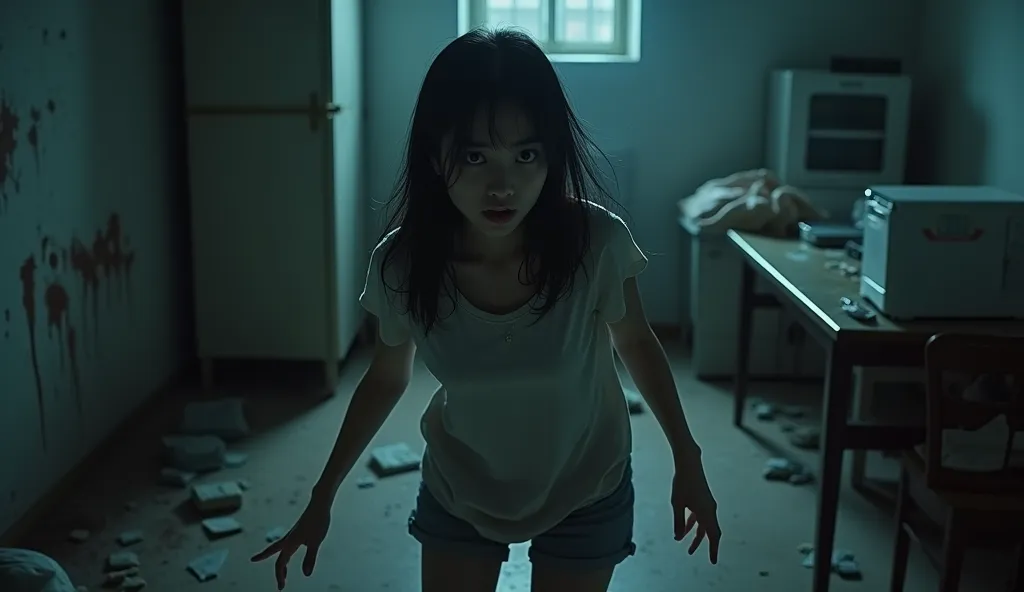 asian woman standing scared in her dirty and dark house at night