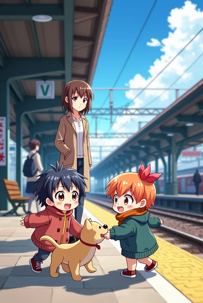 anime style, some ren play with a dog on the station platform under the watchful eye of their mother