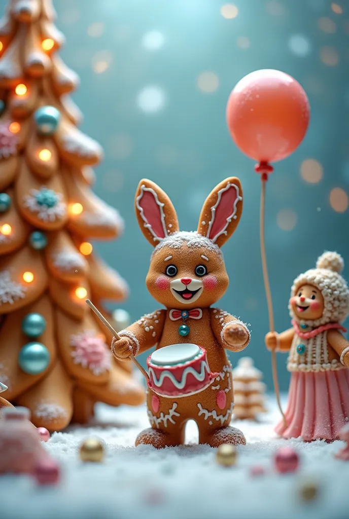 gingerbread bunny with a drum ,  near the christmas tree , colored glaze , balloon, everything made from gingerbread is made ,  ...