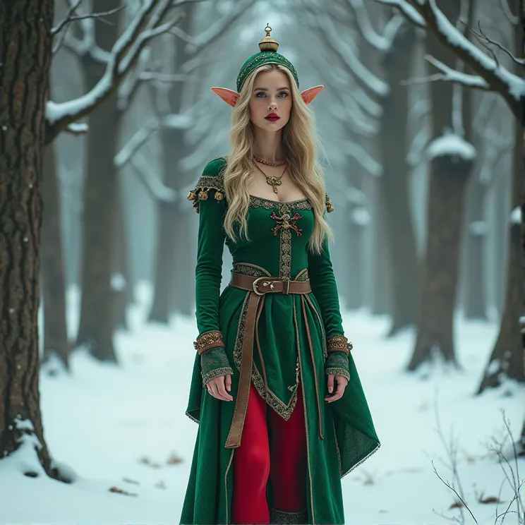 beautiful woman christmas elf in elf costume in the viking period. the background is a snowy forest