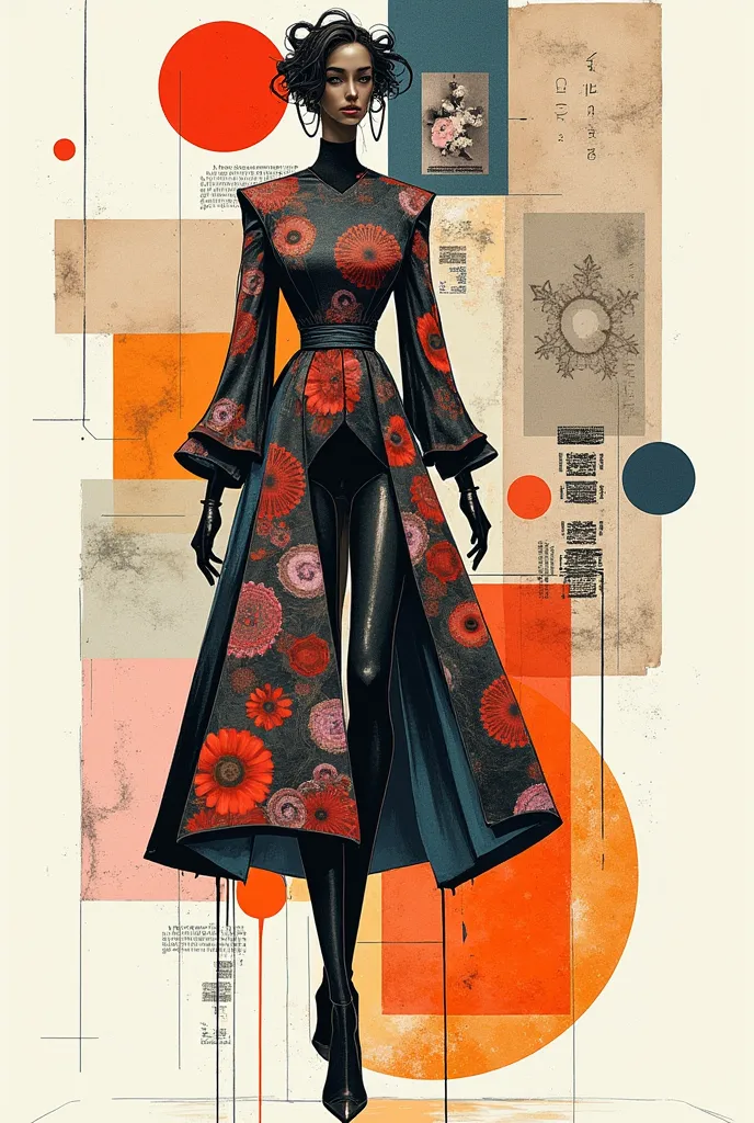 fashion design for a dress sketching with composition collages