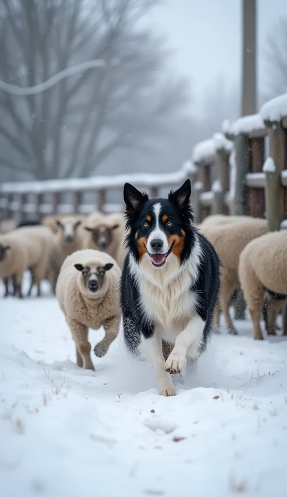 border collie dog herding sheep into a pen, on a snowy winter farm