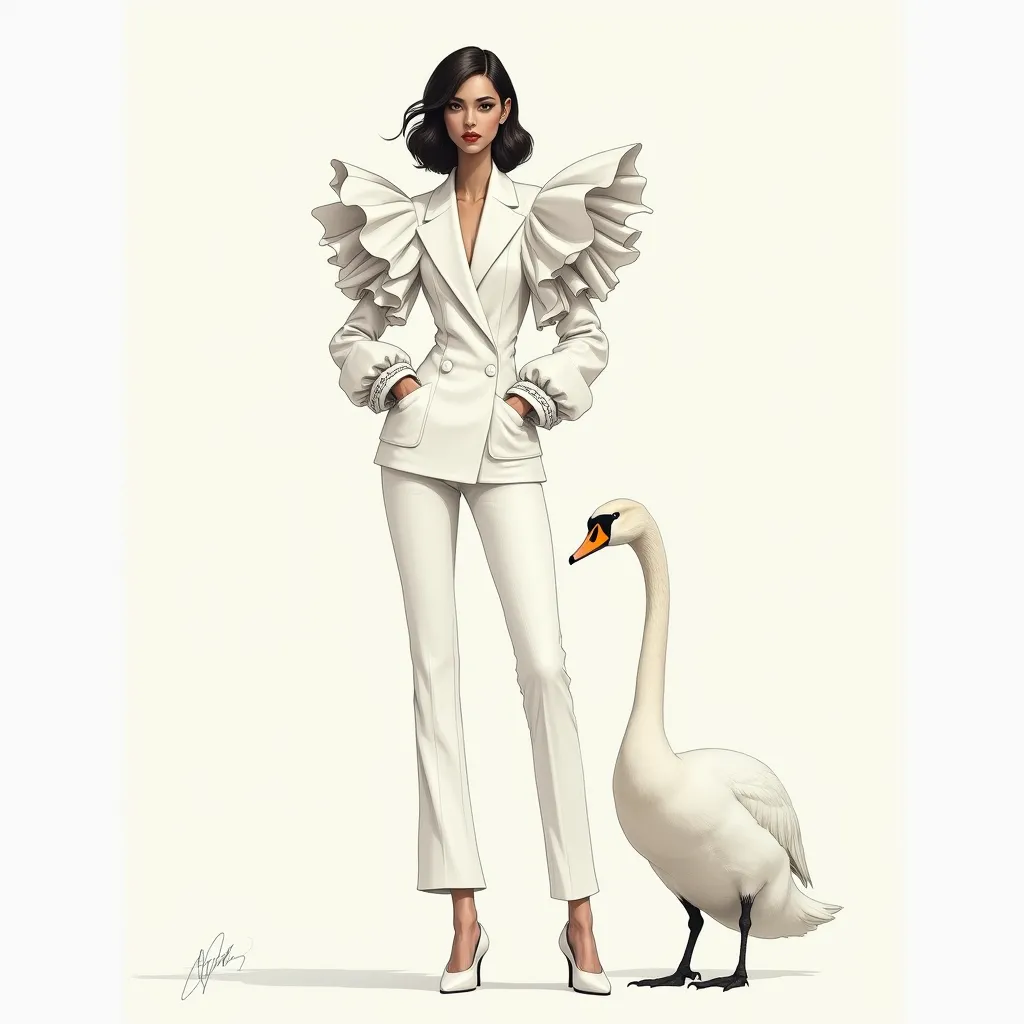 design an elegant fashion illustration featuring a bold model in a structured white pantsuit with dramatic ruffled sleeves detai...