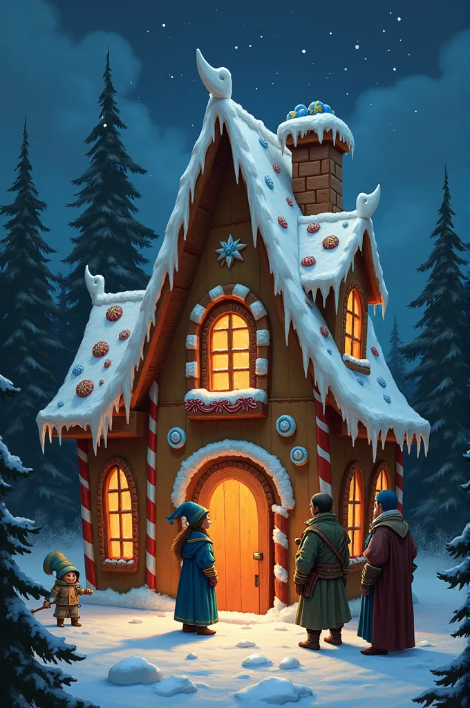 gingerbread house at night with characters from dungeons and dragons in front of it