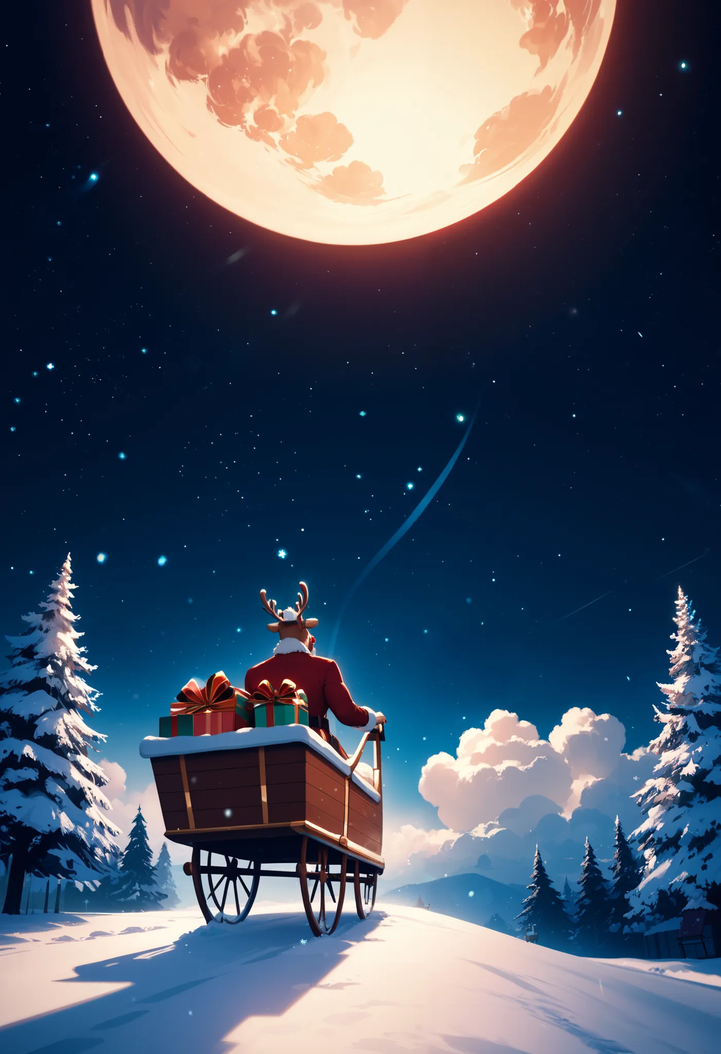 magical christmas scene with santa’s sleigh soaring through a starlit night sky. santa rides confidently in his wooden sleigh ov...