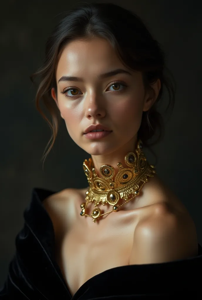 https://s.mj.run/r1mjw0r7mrc https://s.mj.run/xtjckomnvzg add to her neck a fine gold made collar over a black velvet fabrik, wi...