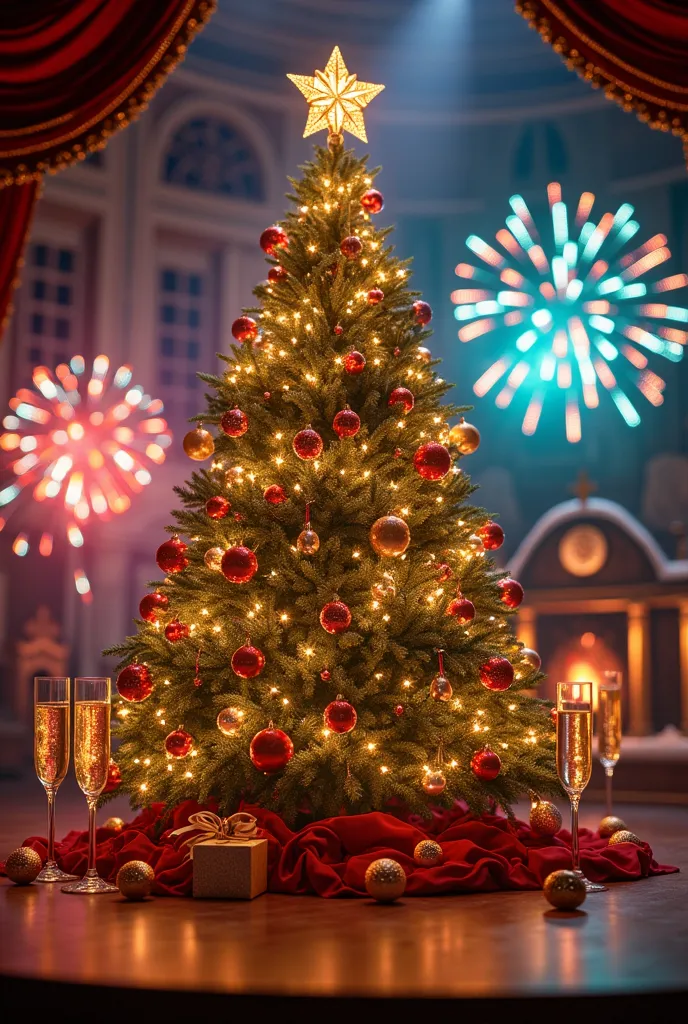 christmas tree , champagne,  fireworks ,  christmas crib,  backstage