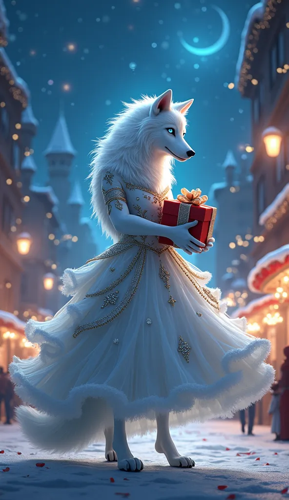 white wolf leg long with dress christmas and shine eye blue in city the night ilumination in sky alone and shine spin and give p...