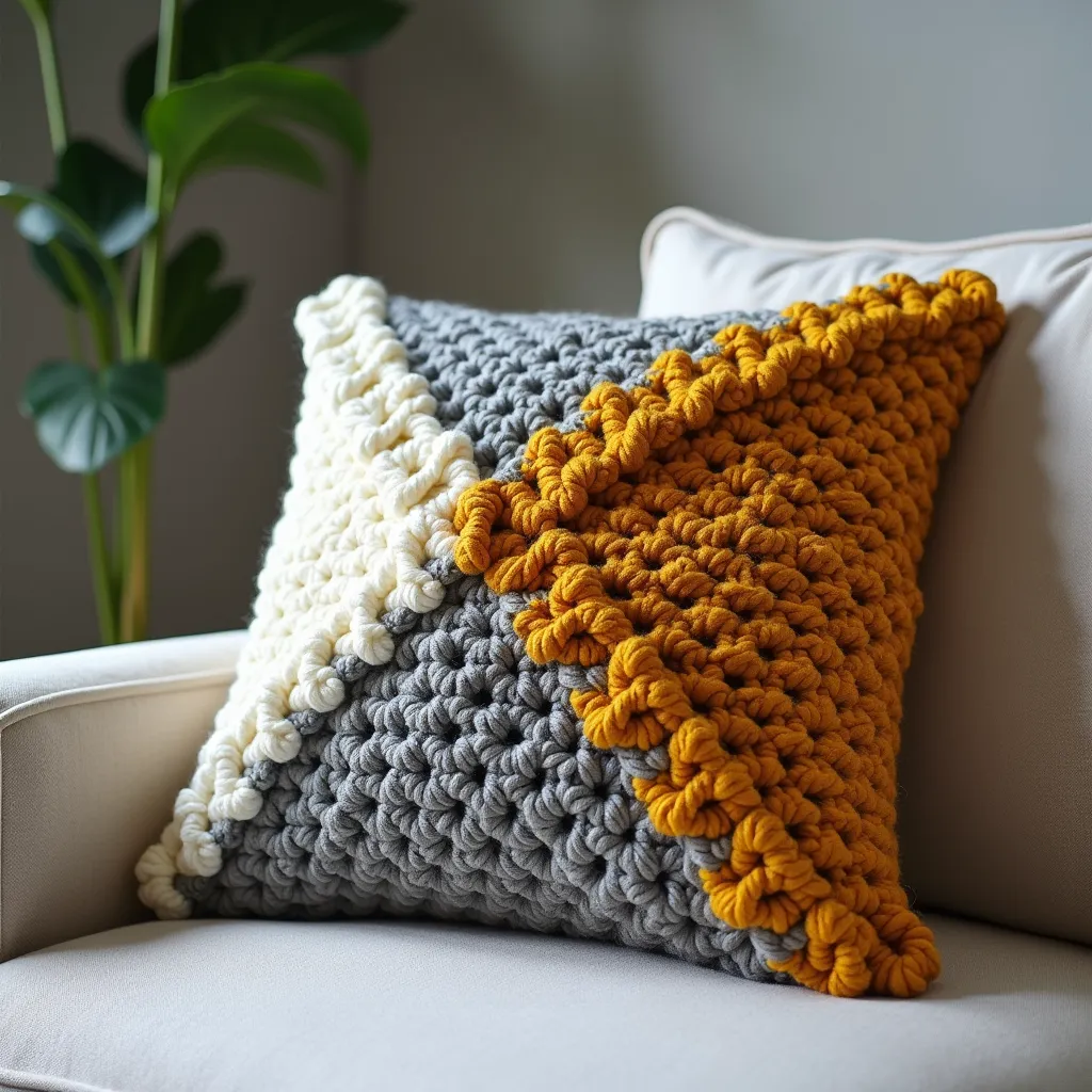 nice cushion design crochet with wool luxury design on wool cushion and separate design white gray mustard orange color full vie...