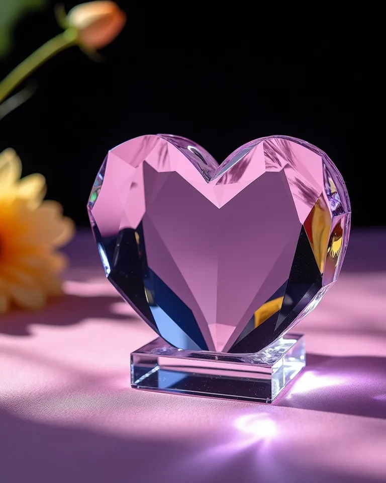 a beautifully clear crystal heart with a small square base rests on a pinkish purple tablecloth. the pink-purple color of the ed...