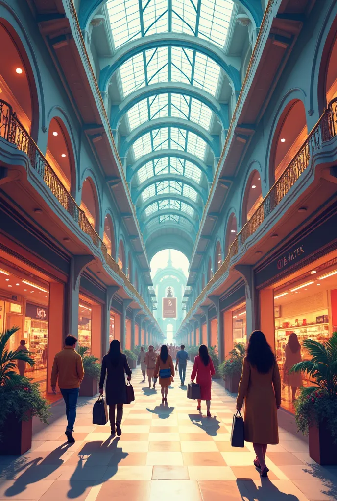 shopping mall murals in vector drawing style, shopping themed paintings in monumental painting style