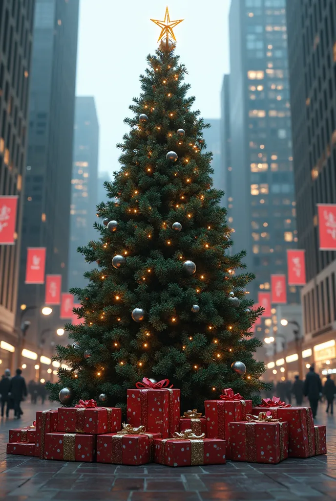 sapin de noël sur une place de ville avec des cadeaux remplis d'armes à ses pieds