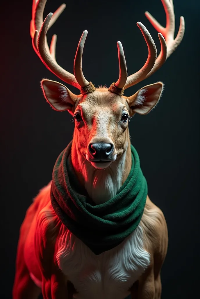 i need an image in the format of instagram blinds showing a muscular reindeer with a green scarf facing forward facing the camer...