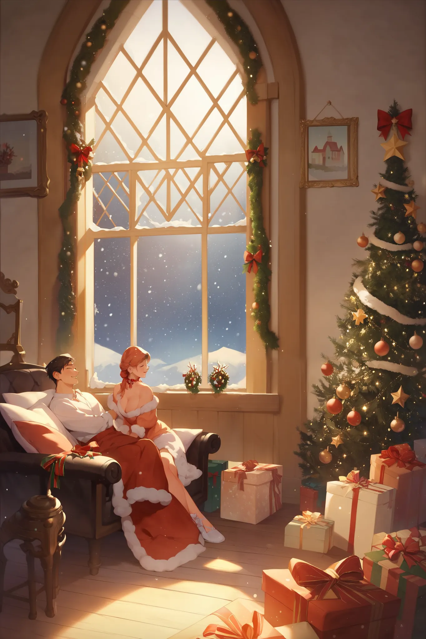 very detailed,  high resolution , ​masterpiece, sharp focus,  official art  , romantic , christmas,  บรรยากาศ christmas, inside ...