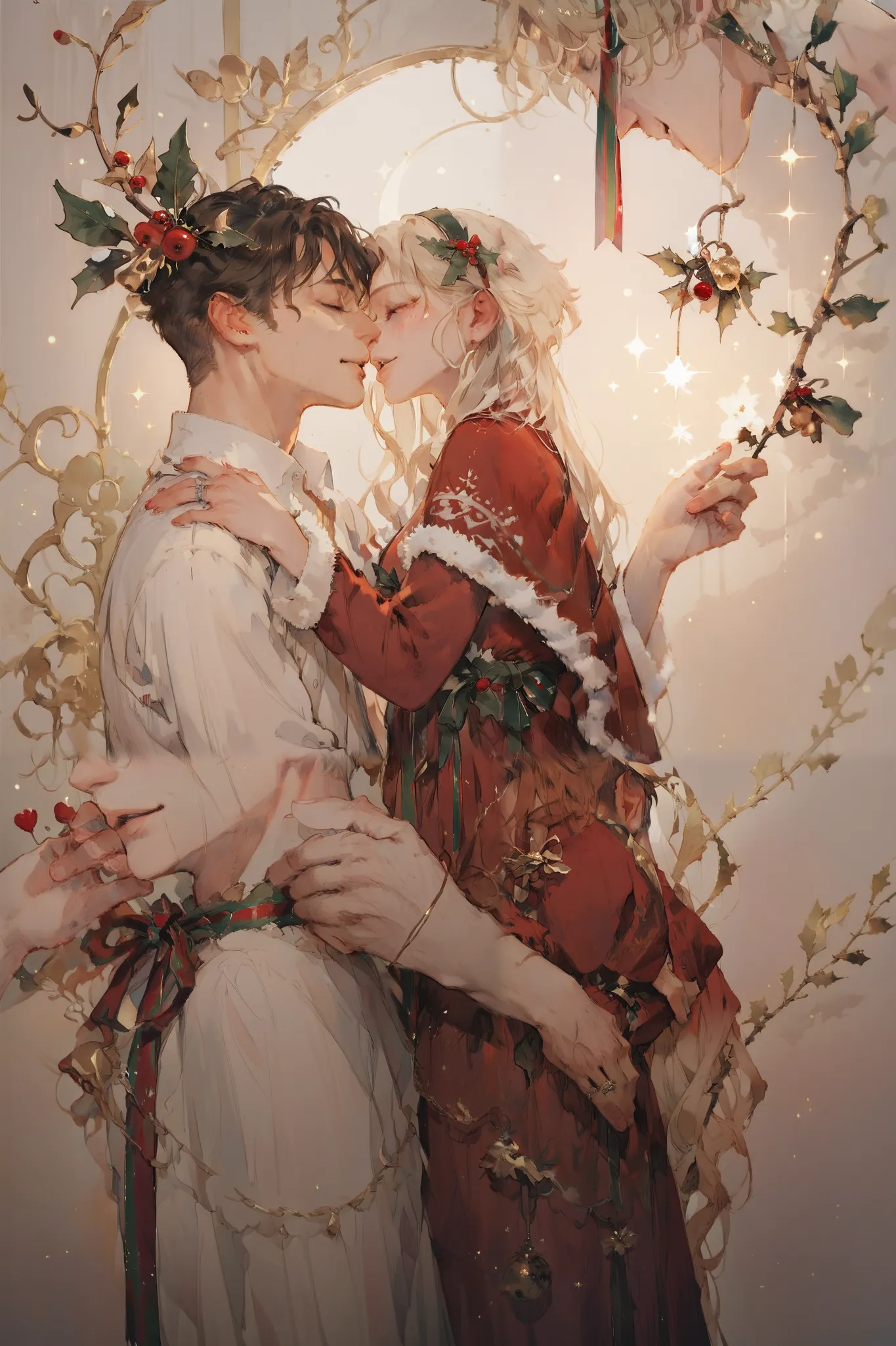 romantic atmosphere ,  very detailed,  high resolution , ​masterpiece, sharp focus,  official art , christmas,couple, man and wo...