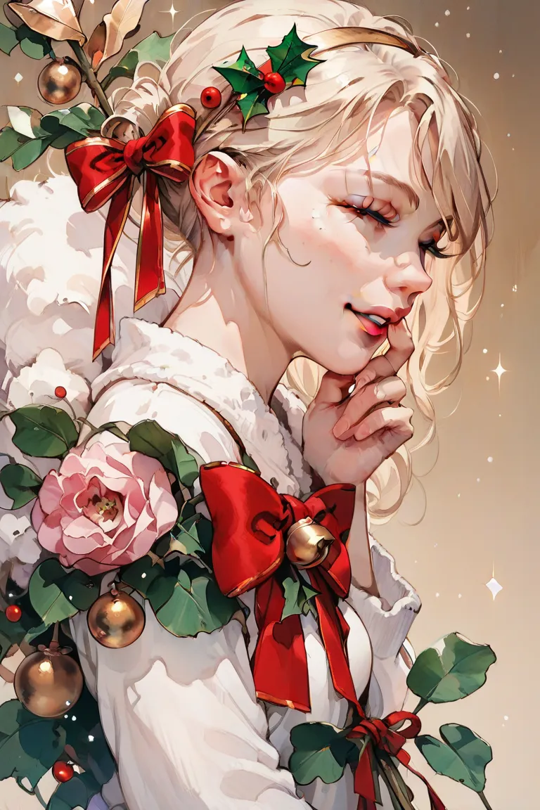 romantic atmosphere ,  very detailed,  high resolution , ​masterpiece, sharp focus,  official art , christmas, woman, sfw, happy