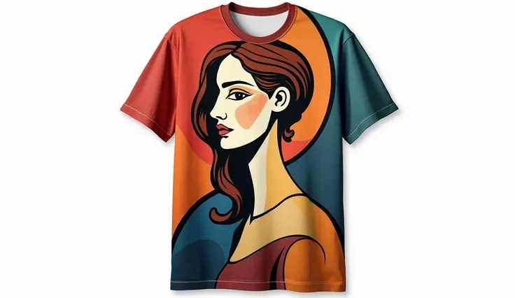 a t-shirt design with a picasso abstract art of woman. the background is white.