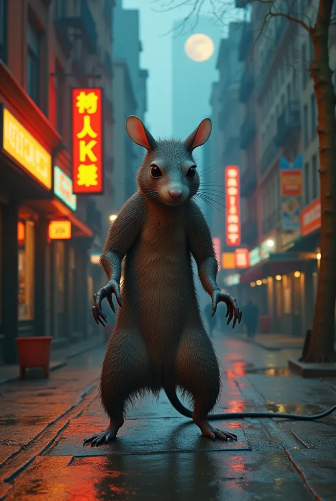 a magnificent scene showcasing a realistic giant rat monster (1.1) standing on a wet pavement in a vibrant new york street at ni...