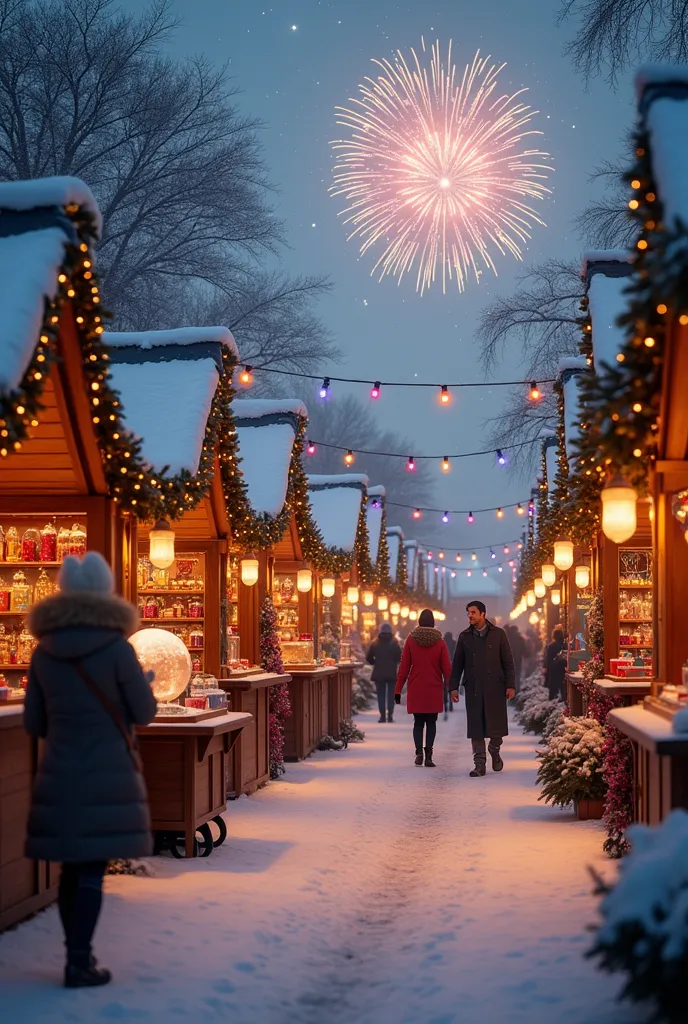 an outdoor christmas market , with snow-covered tents ,  full of ornaments and shiny gifts .  people with scarves and hats walk ...