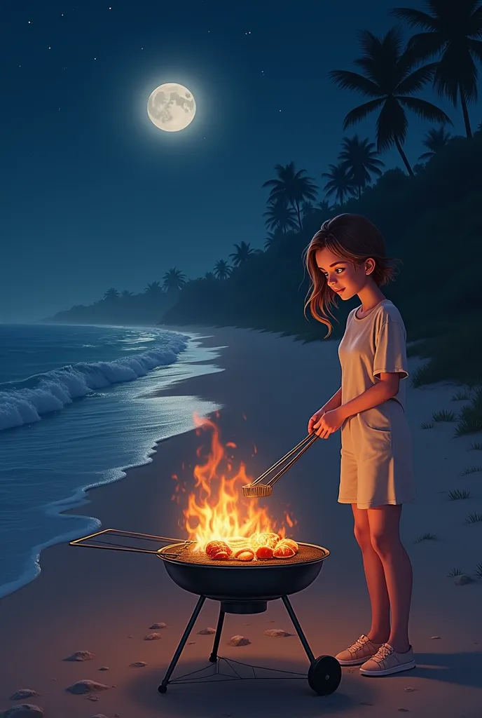 a picture of a girl grilling on the beach in night