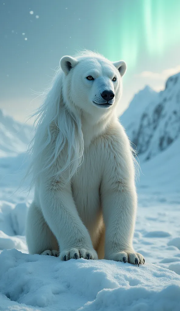 a surreal hybrid of a polar bear and a human woman. the creature has the body of a polar bear with fur covered in subtle, human-...