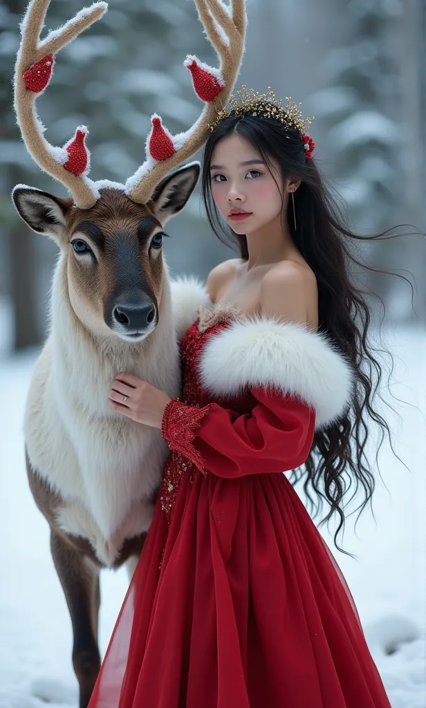 a young woman with long dark hair wearing a red off-the-shoulder dress with white fur trim , standing next to a reindeer in a sn...