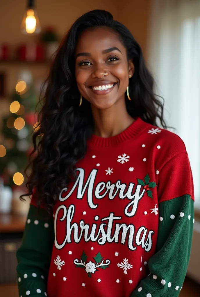 a sexy young black woman .  honey-brown skin .  long black hair . . smiling.  wearing red and green christmas sweater written me...