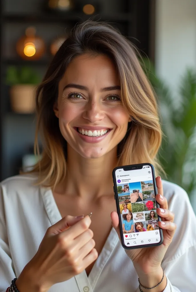 a realistic photo of a 40-year-old woman, brazilian brunette and shoulder-length brown hair with golden highlights, is holding a...