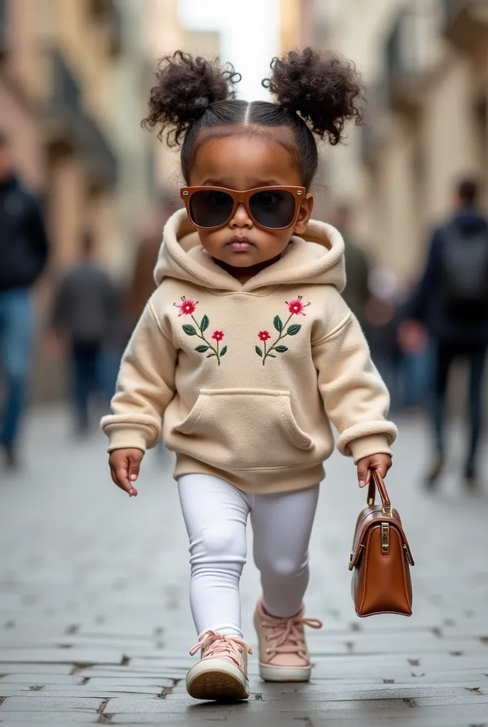 "create an image of a cute oversized chubby toddler girl walking confidently down a street. she has two stylish buns in her hair...