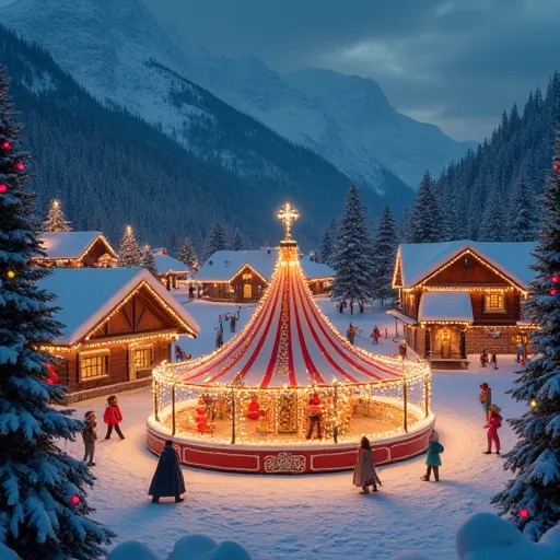 "un village de noël féerique niché dans une vallée enneigée, avec des chalets illuminés par des guirlandes scintillantes. une pa...