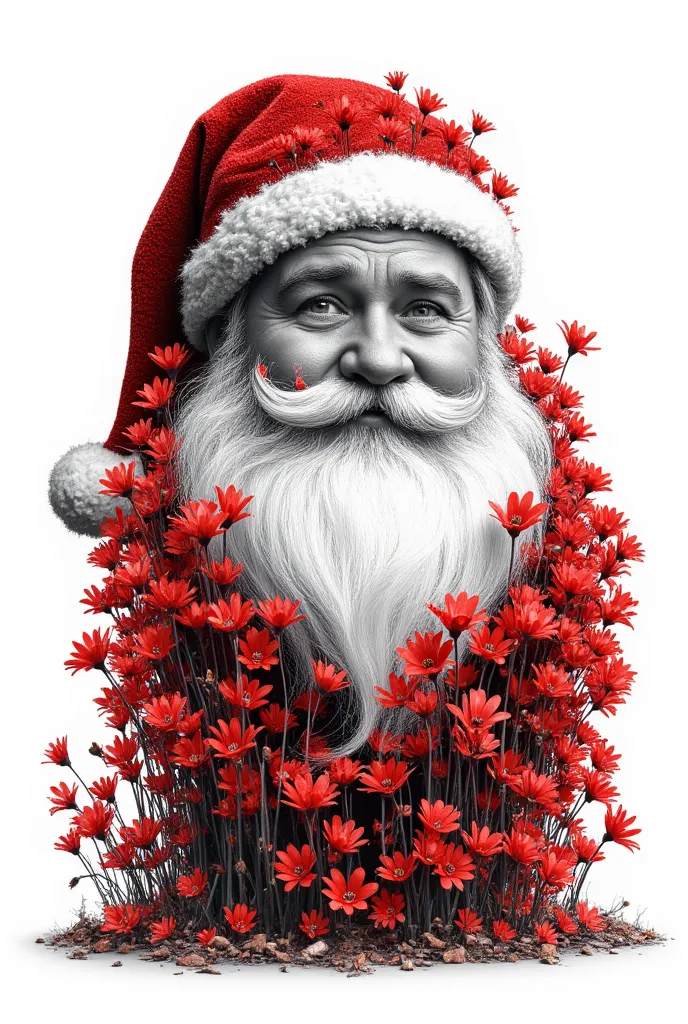 funny cartoon illustration, monochrome santa claus with plump and impatient face, covered with red cyclamen flowers, ultra detai...