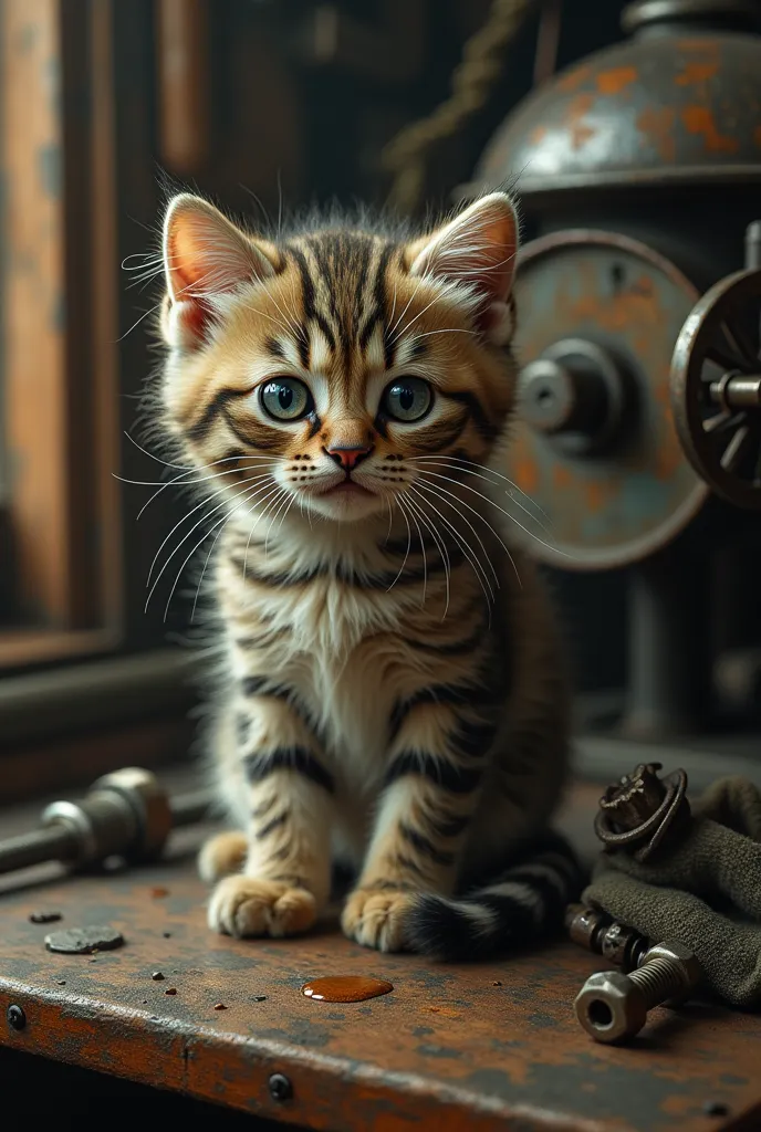 a high-resolution retro-style image that tells an emotional story: a sad kitten, its fur smudged with grease and oil stains, sit...