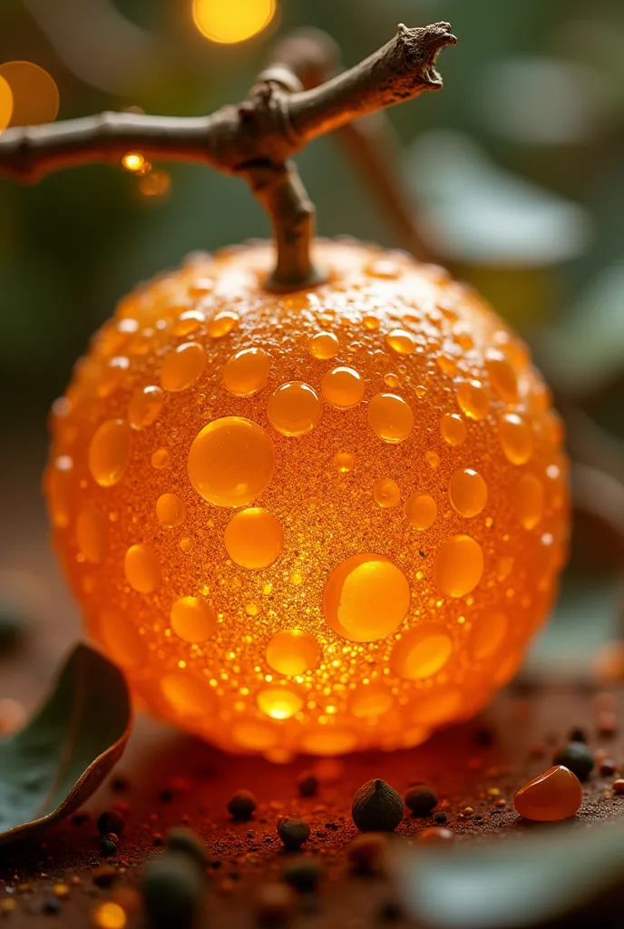 gems,  made of transparent orange glass  +  transparent emerald  + ,  mandarin made of pure gold , skyline :  golden veins spark...