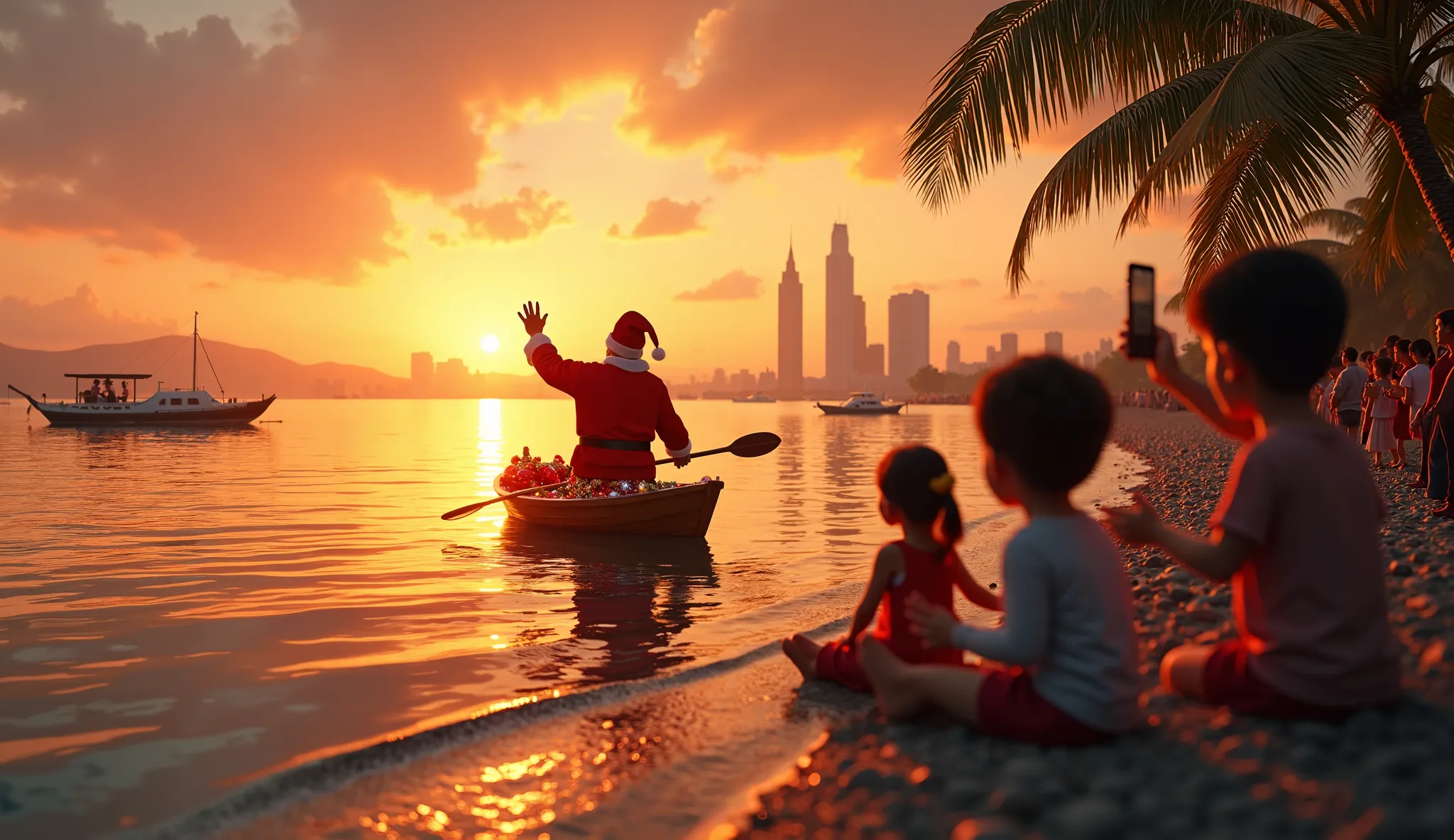 a breathtaking manila bay sunset with a christmas twist, featuring santa claus on a small boat decorated with lights, waving at ...