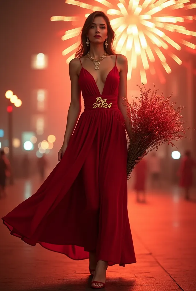 woman with parted hair walks towards front of camera. using a sexy and elegant red dress ,  belt section inscribed bye 2024 . ma...