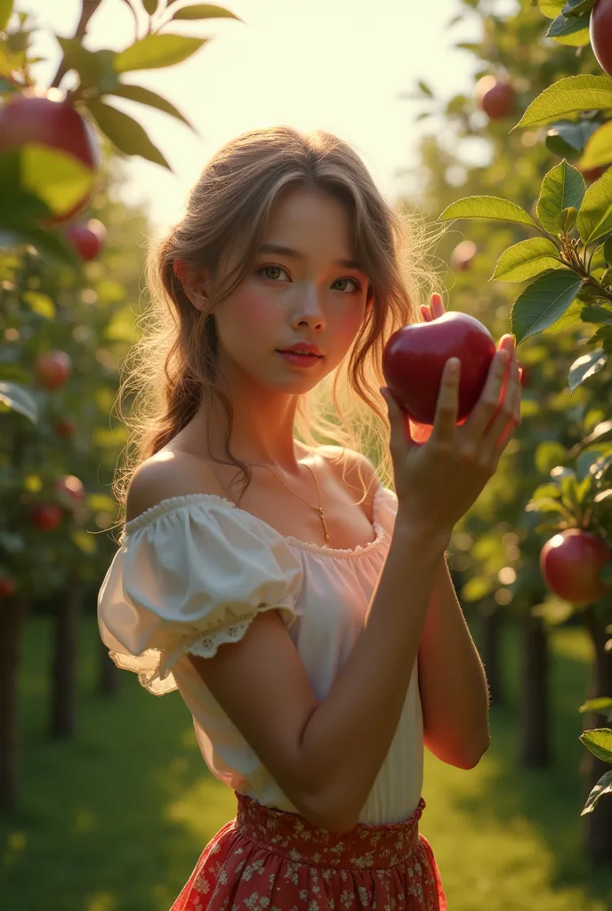 (masterpiece, highest quality:1.2), (raw photo), (beautiful teen girl), grabbed apple, at the apple orchard